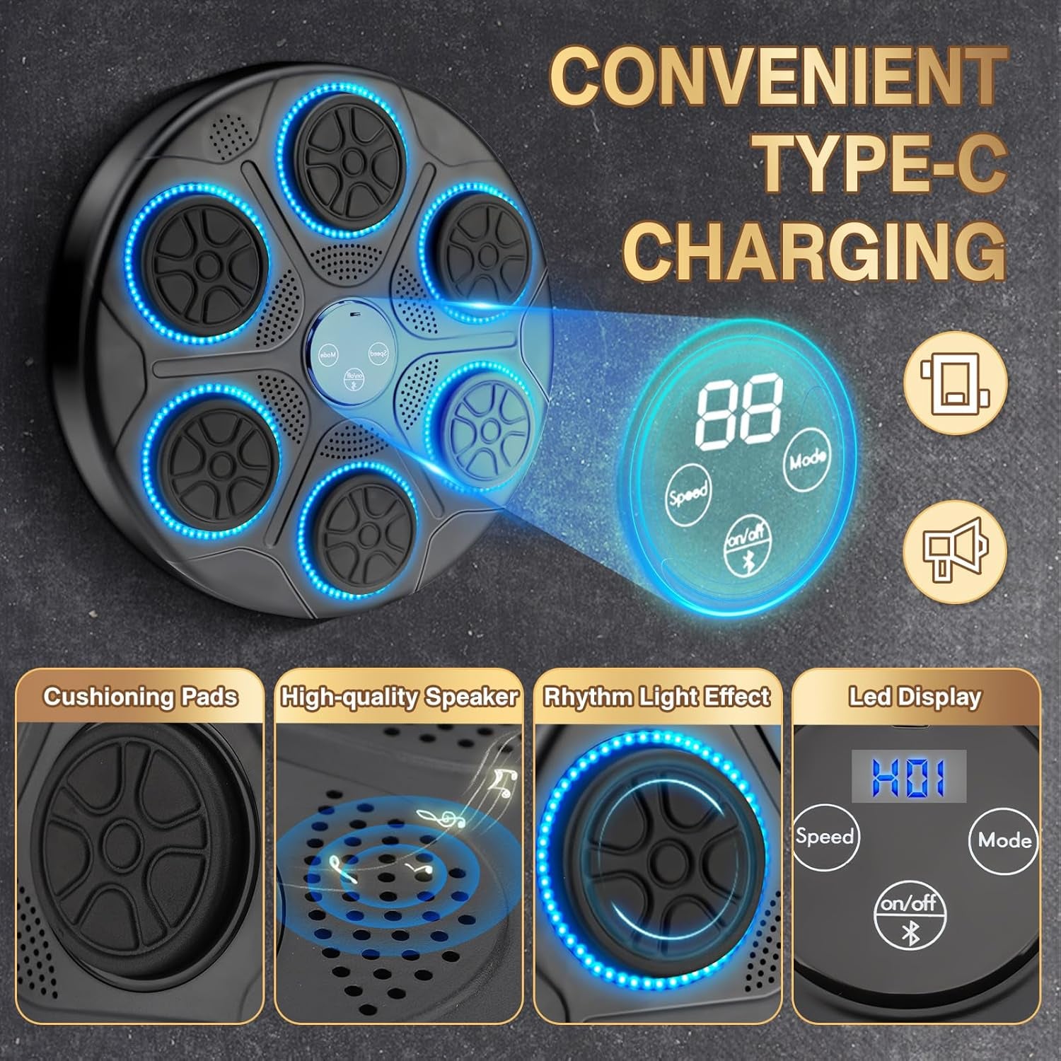 Music Boxing Machine Quiet 9 Modes BT RGB Light Counting Speed Adjustable Boxing Wall Target for Home