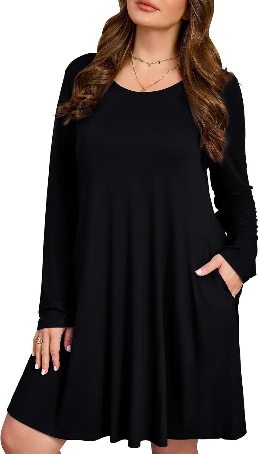 Women Long Sleeve Dress with Pockets plus Size Swing Casual Loose Tshirt Dresses