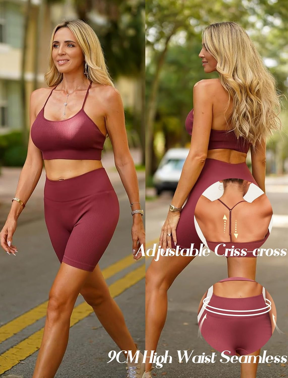 Workout Outfits Sets for Women 4 Piece Seamless Backless Tank Sport Bra High Waist Short Yoga Gym Matching Active Set