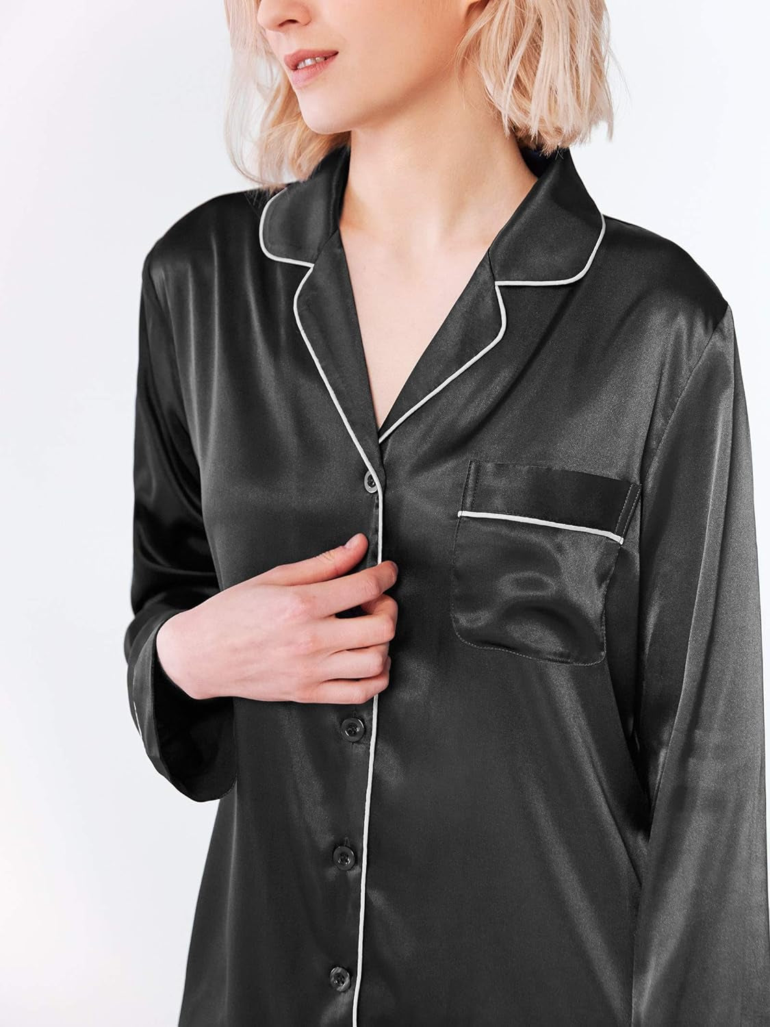 Silk Satin Pajamas Set for Women Long Sleeve Sleepwear Pj Set Button down 2 Piece Soft Loungewear S-XL