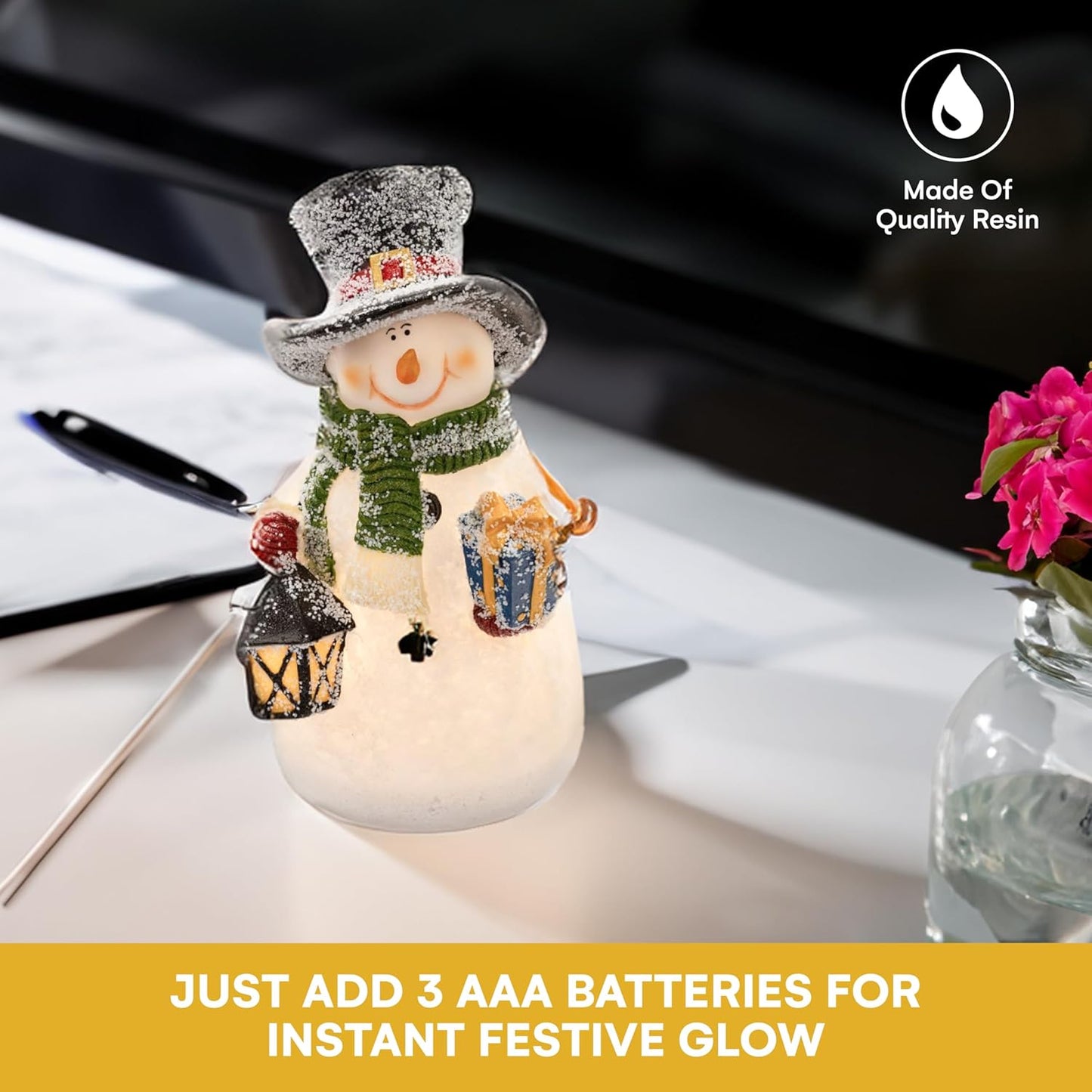 Snowman Decor Figurines Resin Snowman Lighted Decorations Indoor Glowing Snowman LED Light up Snowman Indoor Festive Fiber Optic Decorations