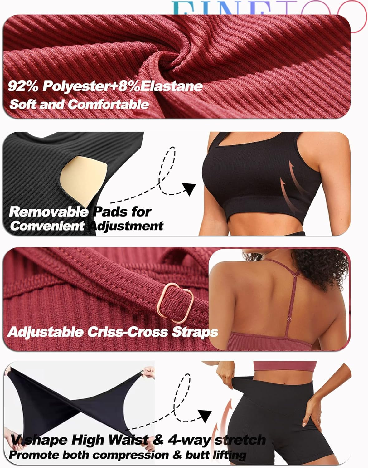 Workout Outfits Sets for Women 4 Piece Seamless Backless Tank Sport Bra High Waist Short Yoga Gym Matching Active Set