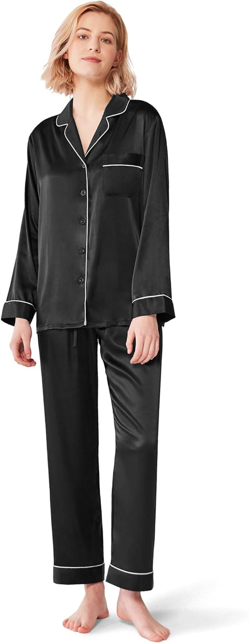 Silk Satin Pajamas Set for Women Long Sleeve Sleepwear Pj Set Button down 2 Piece Soft Loungewear S-XL