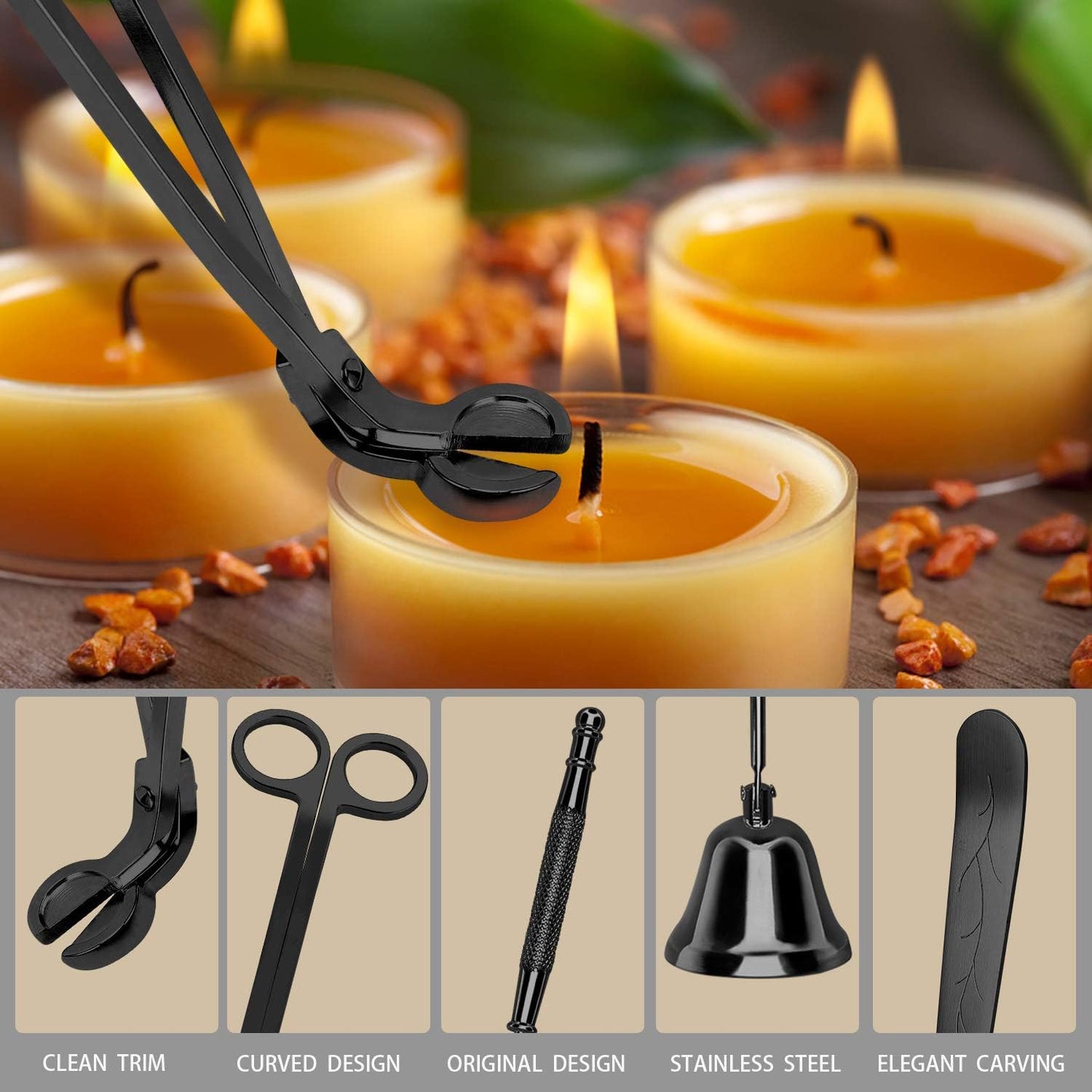3 in 1 Candle Accessory Set - Wick Trimmer, Snuffer, Dipper with Gift Package for Candle Lovers (Black)