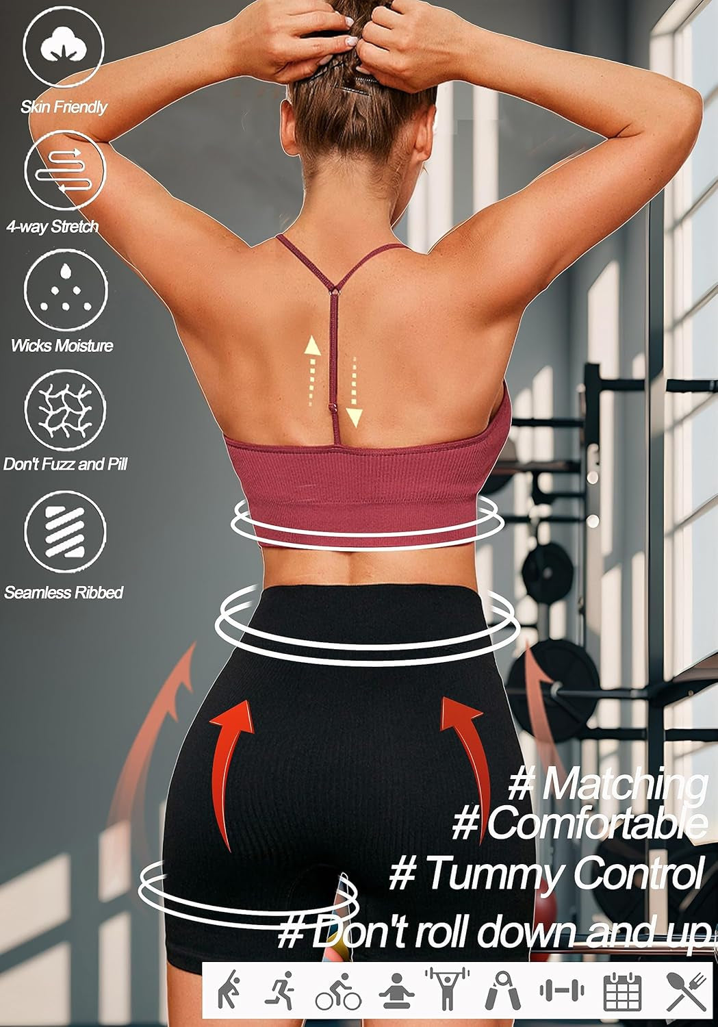 Workout Outfits Sets for Women 4 Piece Seamless Backless Tank Sport Bra High Waist Short Yoga Gym Matching Active Set