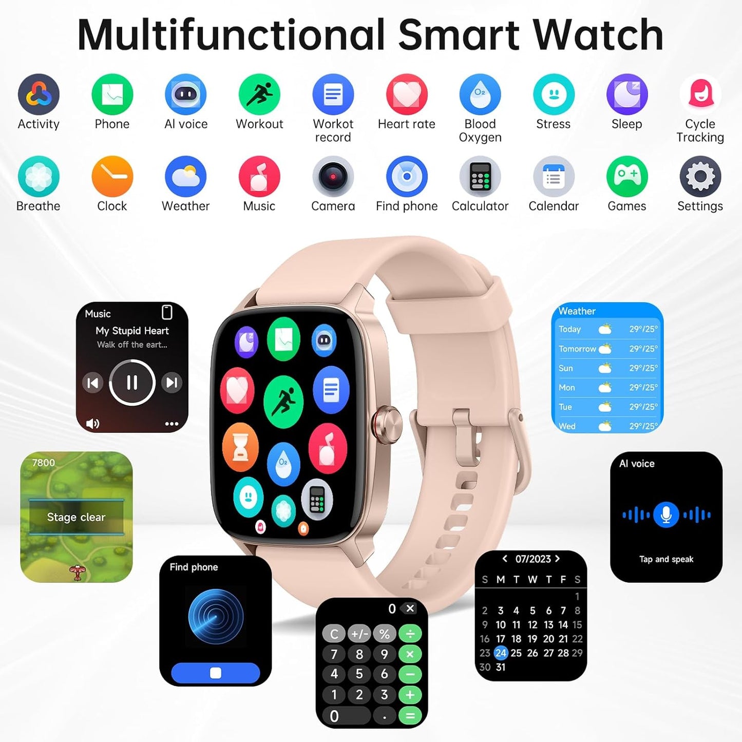 Smart Watch for Men Women with Bluetooth Call & AI Voice, 1.85" HD Fitness Tracker with Heart Rate Spo2 Sleep Monitor, 100+ Sports Modes, Mini Games, IP68 Waterproof Smartwatch for Android Ios Phones