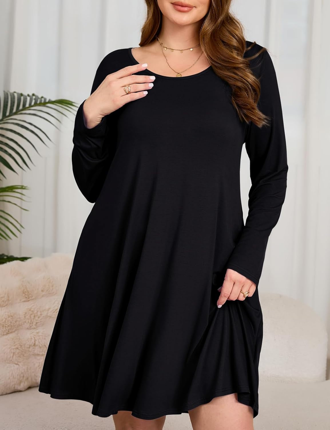 Women Long Sleeve Dress with Pockets plus Size Swing Casual Loose Tshirt Dresses