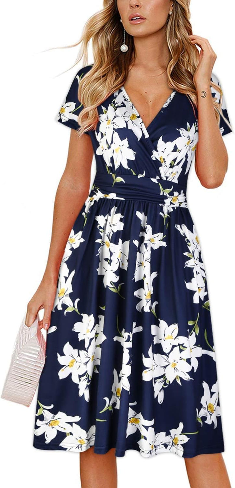 Women'S Summer Short Sleeve V-Neck Floral Short Party Dress with Pockets