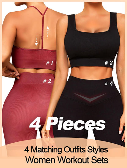 Workout Outfits Sets for Women 4 Piece Seamless Backless Tank Sport Bra High Waist Short Yoga Gym Matching Active Set