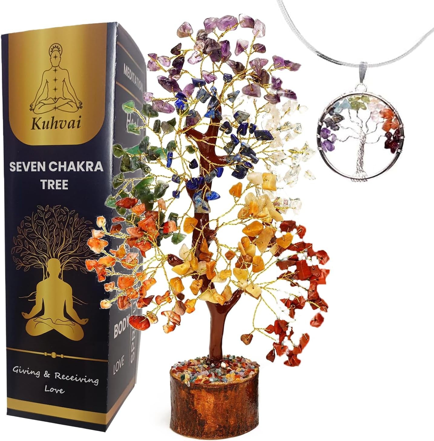 Seven Chakra Tree of Life, Crystal Tree for Positive Energy, 7 Chakra Tree, Feng Shui Tree, Stone Decor Natural Artificial Tree, 7 Chakra Tree of Life Gemstones Pendant & 300 Beads