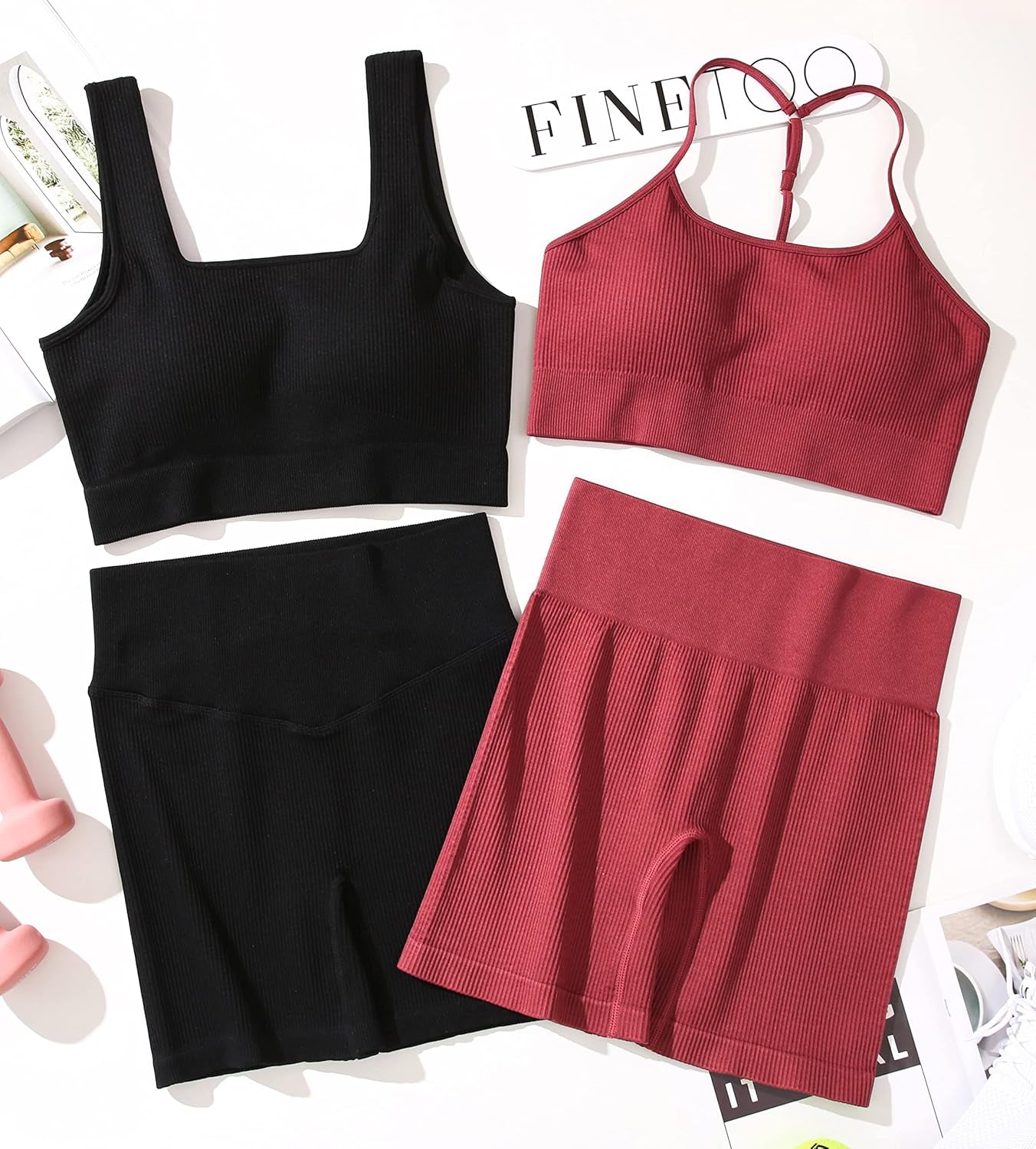 Workout Outfits Sets for Women 4 Piece Seamless Backless Tank Sport Bra High Waist Short Yoga Gym Matching Active Set