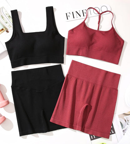 Workout Outfits Sets for Women 4 Piece Seamless Backless Tank Sport Bra High Waist Short Yoga Gym Matching Active Set