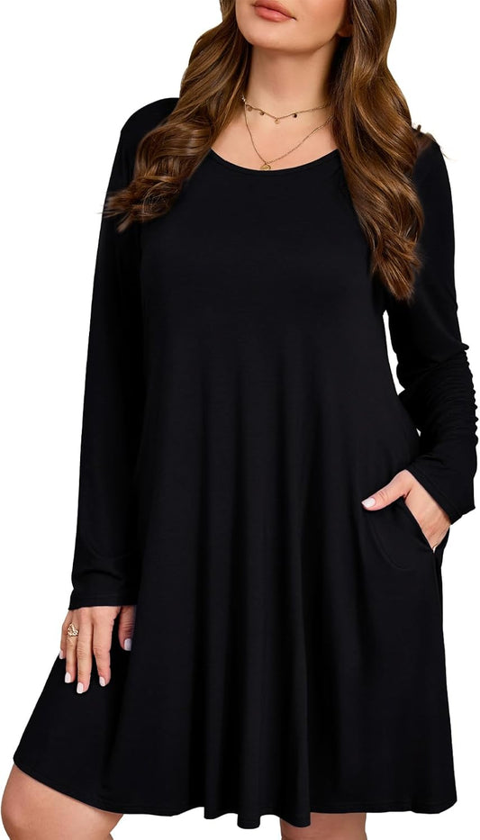 Women Long Sleeve Dress with Pockets plus Size Swing Casual Loose Tshirt Dresses