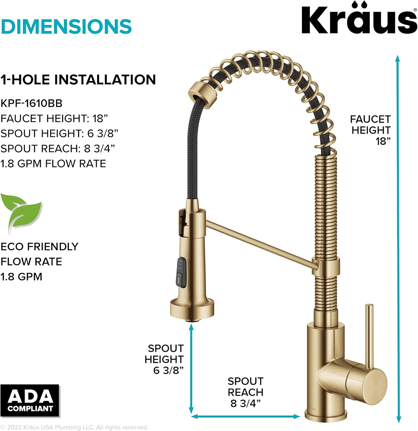 Bolden Commercial Style 2-Function Single Handle Pull down Kitchen Faucet in Spot-Free Brushed Brass, KPF-1610BB