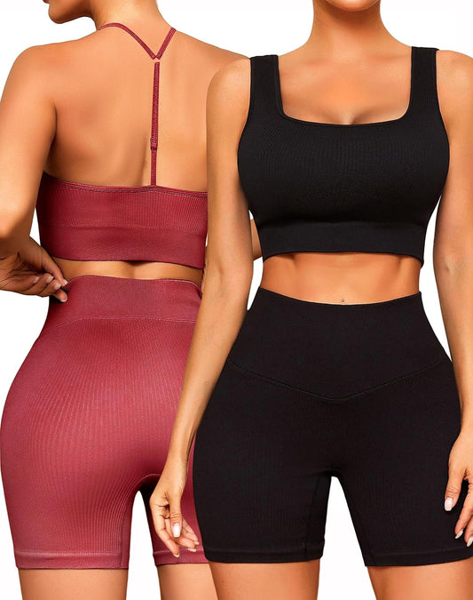 Workout Outfits Sets for Women 4 Piece Seamless Backless Tank Sport Bra High Waist Short Yoga Gym Matching Active Set