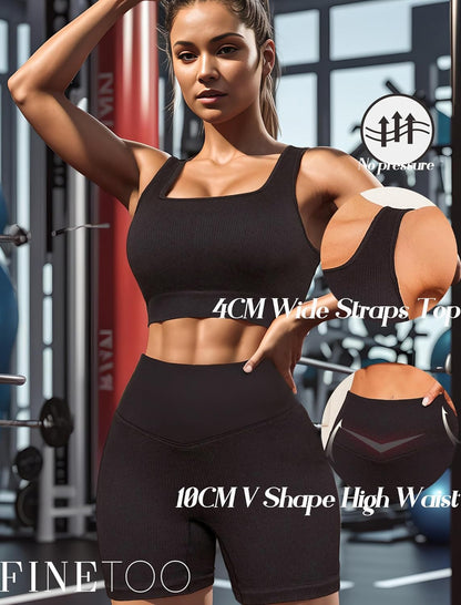 Workout Outfits Sets for Women 4 Piece Seamless Backless Tank Sport Bra High Waist Short Yoga Gym Matching Active Set