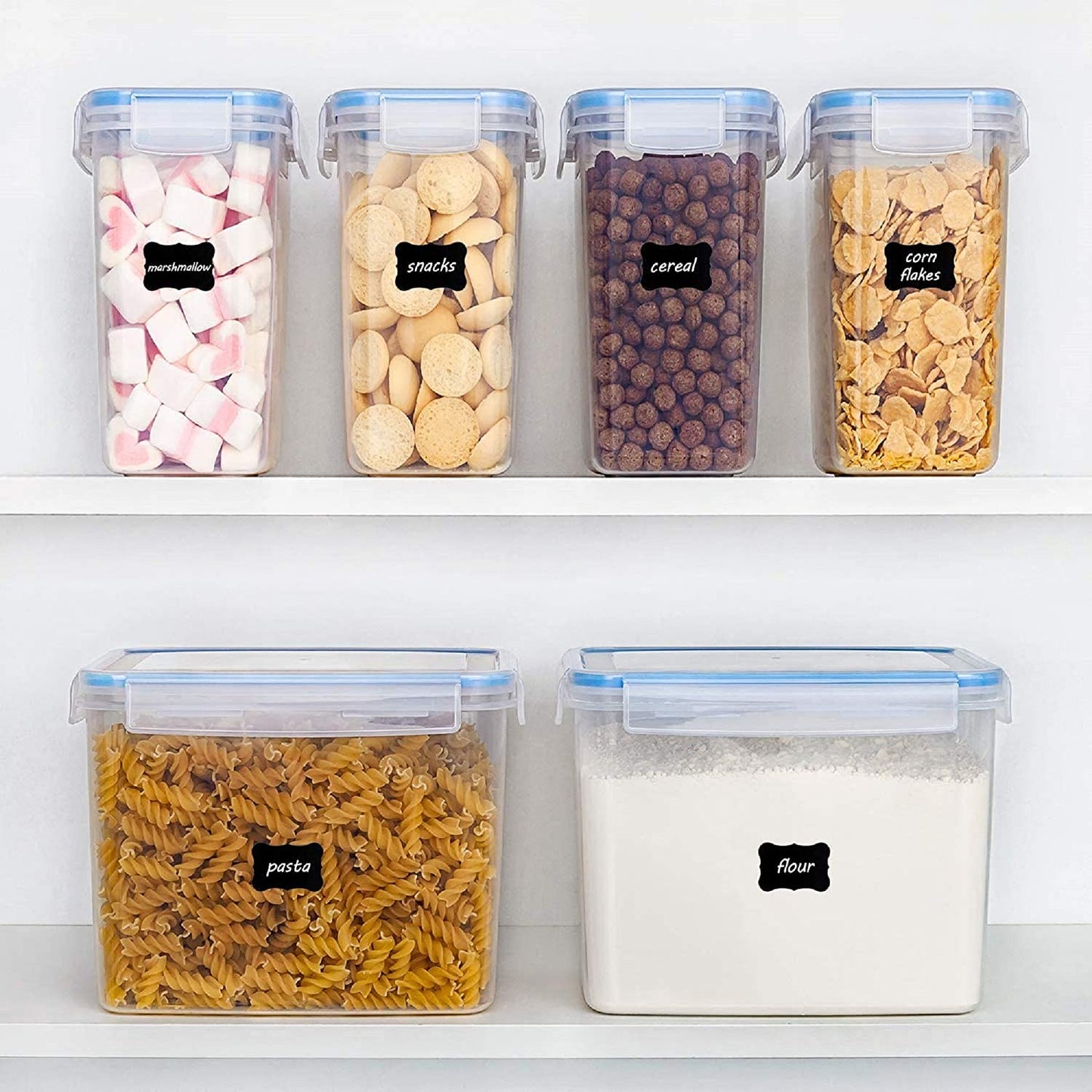Airtight Food Storage Containers 6 Pieces - Plastic BPA Free Kitchen Pantry Storage Containers for Sugar,Flour and Baking Supplies - Dishwasher Safe - 24 Labels, Blue