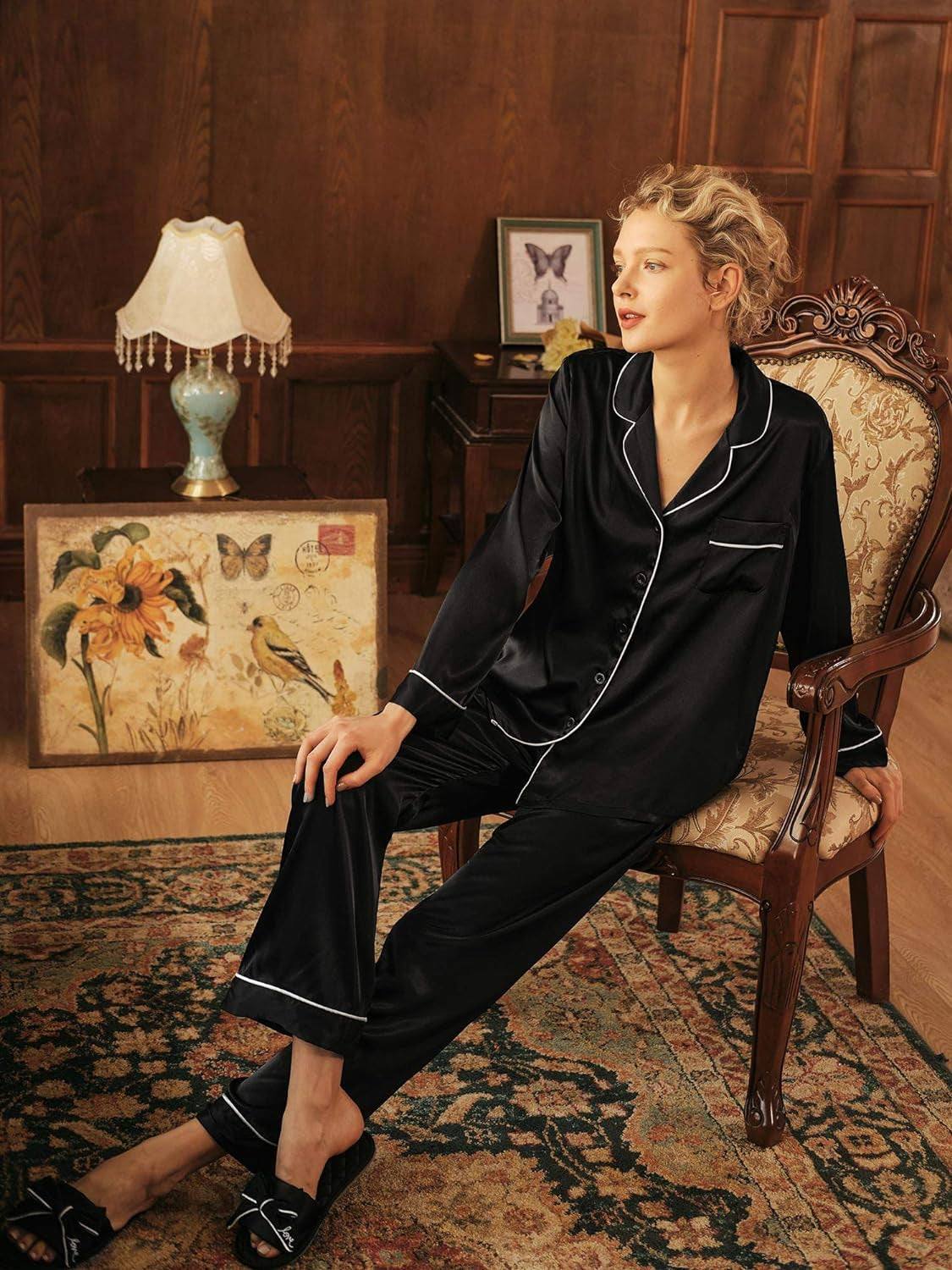 Silk Satin Pajamas Set for Women Long Sleeve Sleepwear Pj Set Button down 2 Piece Soft Loungewear S-XL