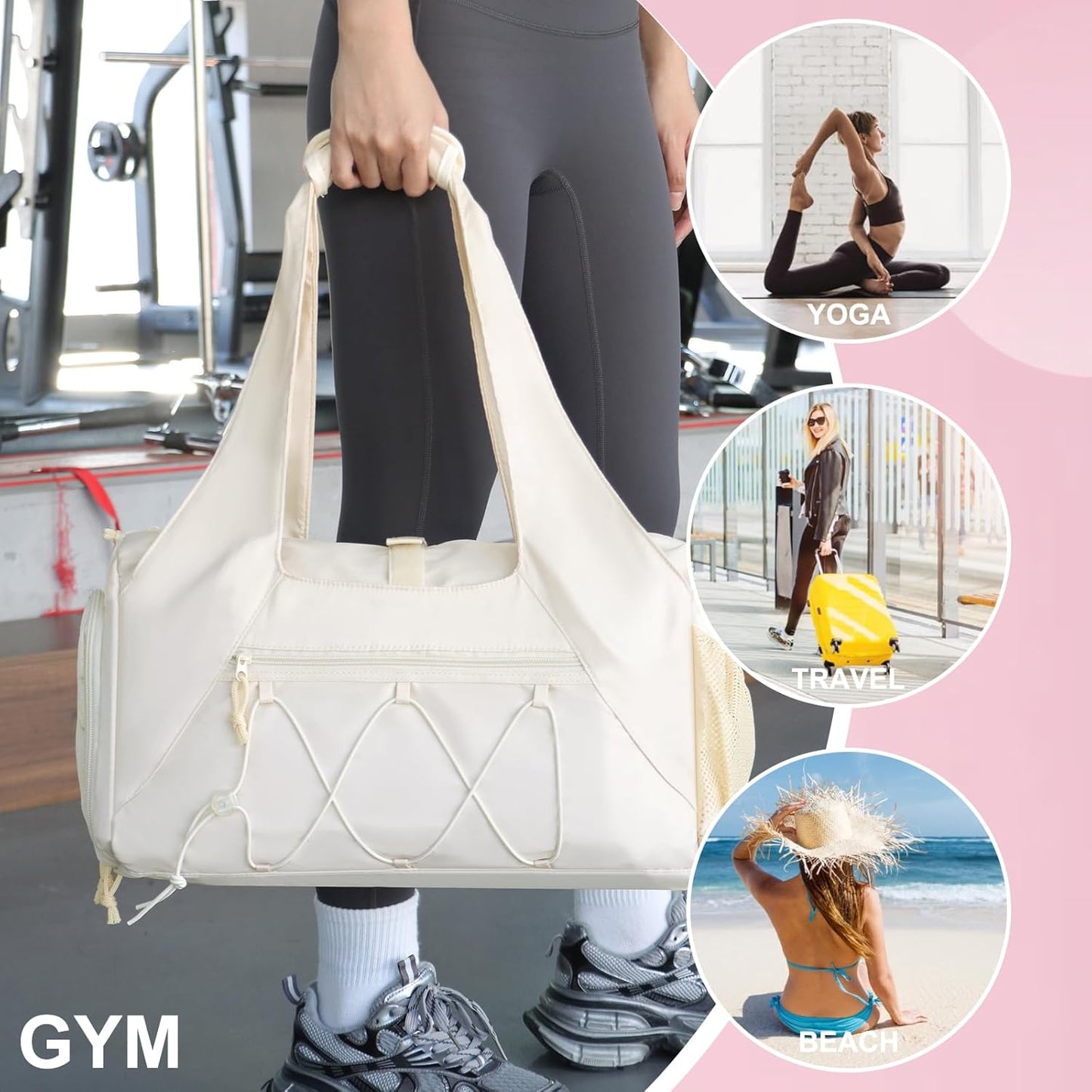 Gym Bag for Women, Yoga Mat Bag with Shoe Compartment and Wet Pocket, Sport Yoga Gym Bag with Yoga Strap, Carryall Yoga Tote Bag