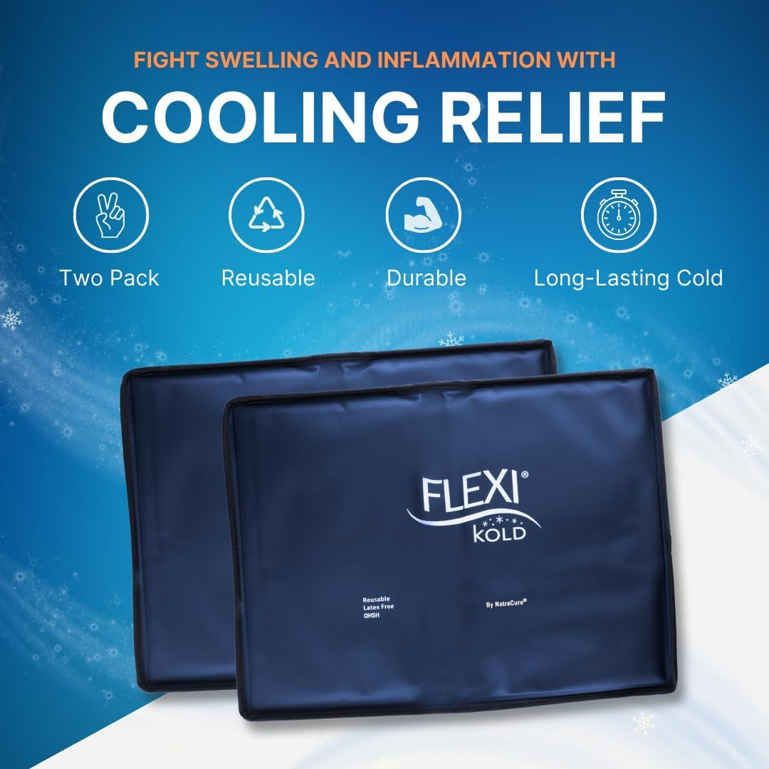 2 Flexikold Gel Ice Packs (Standard Large: 10.5" X 14.5") - Reusable Cold Pack for Injuries, for Back Pain Relief, Migraine Relief Pad, after Surgery, Postpartum, Headache, Shoulder - 6300-COLD 2PK