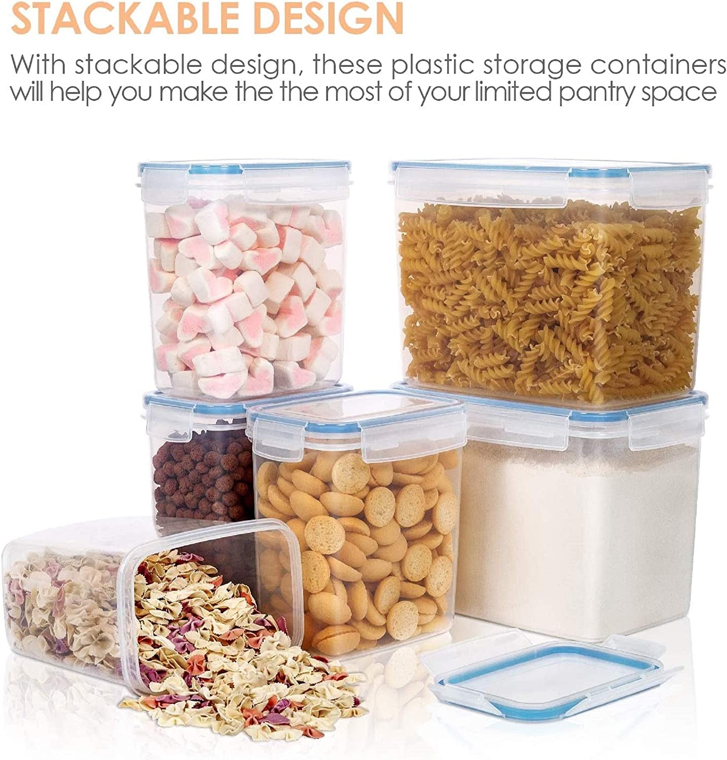 Airtight Food Storage Containers 6 Pieces - Plastic BPA Free Kitchen Pantry Storage Containers for Sugar,Flour and Baking Supplies - Dishwasher Safe - 24 Labels, Blue