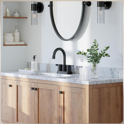 4 Inch 2 Handle Centerset Matte Black Lead-Free Modern Bathroom Faucet, 360 Swivel Spout 2-3 Hole RV Bathroom Vanity Sink Faucet with Pop up Drain and Water Supply Lines,Bf015-1-Mb