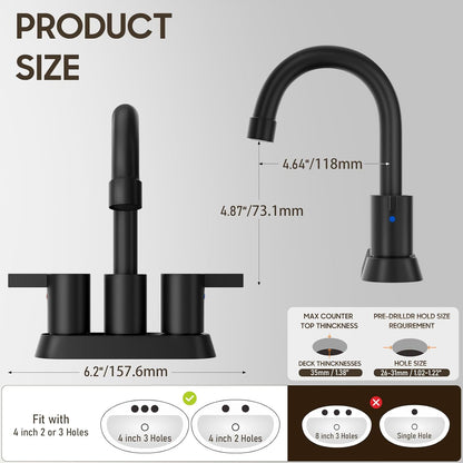 4 Inch 2 Handle Centerset Matte Black Lead-Free Modern Bathroom Faucet, 360 Swivel Spout 2-3 Hole RV Bathroom Vanity Sink Faucet with Pop up Drain and Water Supply Lines,Bf015-1-Mb