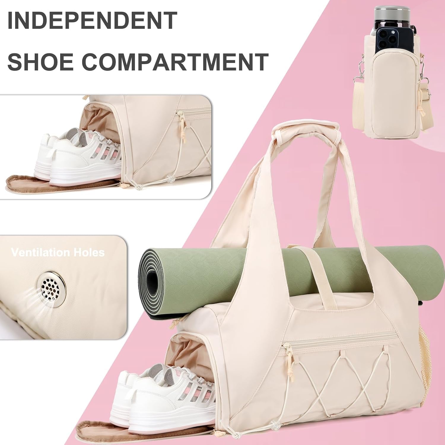 Gym Bag for Women, Yoga Mat Bag with Shoe Compartment and Wet Pocket, Sport Yoga Gym Bag with Yoga Strap, Carryall Yoga Tote Bag